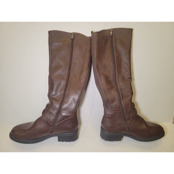 Women Size 9.5 Riding Combat Boots Low Heel Round Toe Zip Up Mid Calf Buckle - Picture 4 of 8